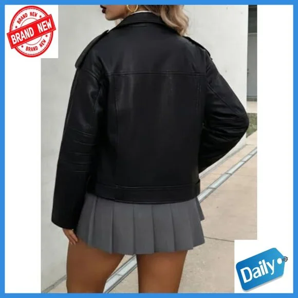 Oversized Faux Leather Motorcycle Jacket with Hood and Belt